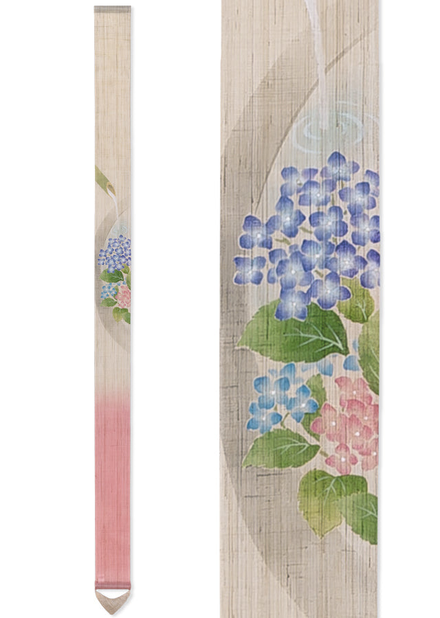 Hand-dyed Linen Japanese Narrow Tapestry - Hydrangea -, Kyoto Noren, Japanese wall hanging scroll