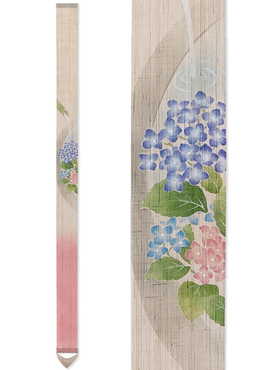 Hand-dyed Linen Japanese Narrow Tapestry - Hydrangea -, Kyoto Noren, Japanese wall hanging scroll