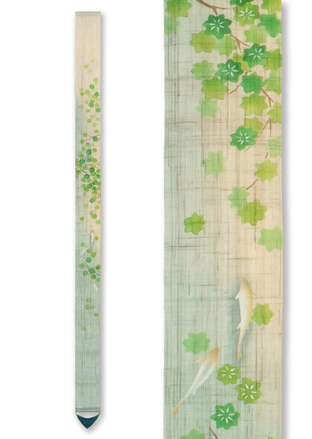 Hand-dyed Linen Japanese Narrow Tapestry - Sweetfish and Green Maple Leaf -, Kyoto Noren, Japanese wall hanging scroll