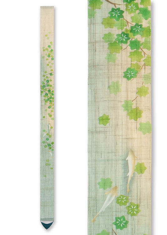 Hand-dyed Linen Japanese Narrow Tapestry - Sweetfish and Green Maple Leaf -, Kyoto Noren, Japanese wall hanging scroll