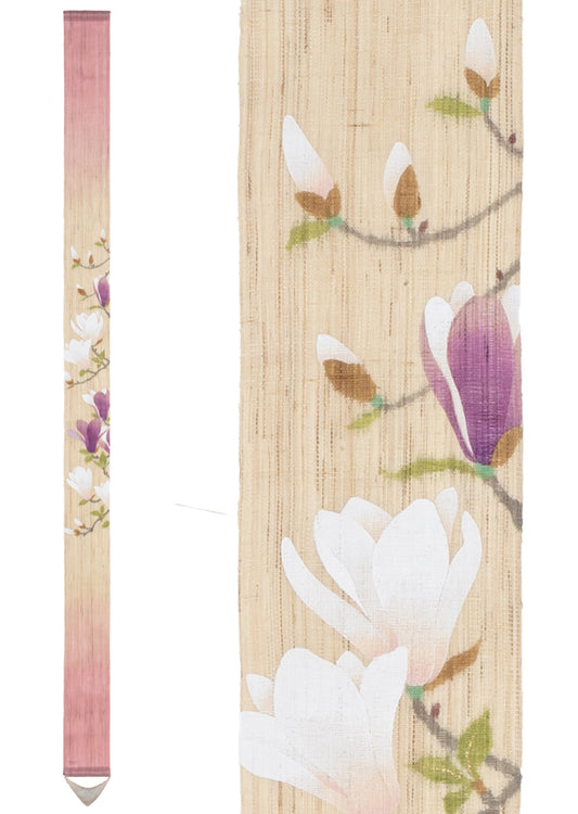 Hand-dyed Linen Japanese Narrow Tapestry - Magnolia -, Kyoto Noren, Japanese wall hanging scroll