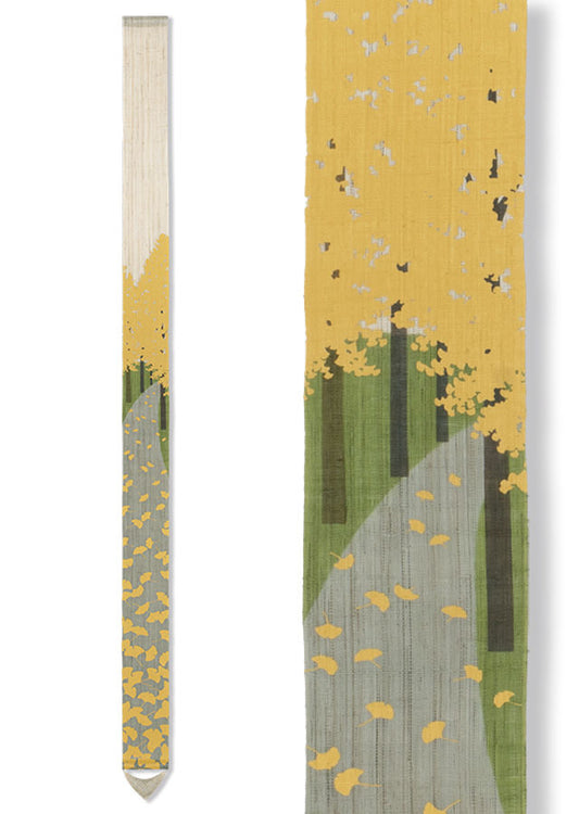 Hand-dyed Linen Japanese Narrow Tapestry - Ginkgo Tree Line -, Kyoto Noren, Japanese wall hanging scroll