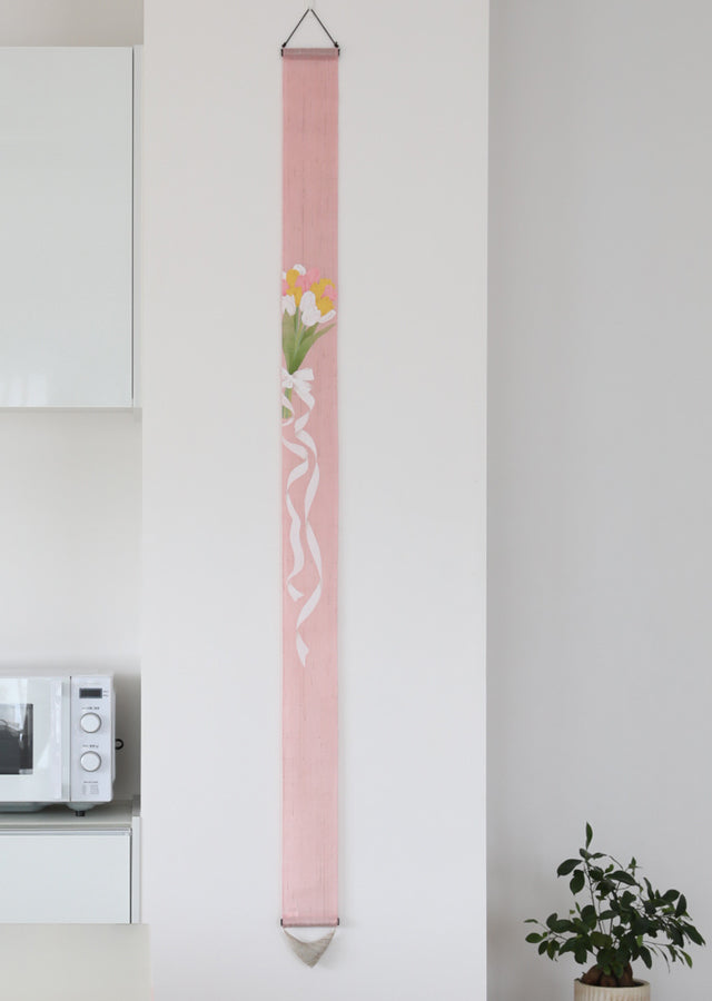 Hand-dyed Linen Japanese Narrow Tapestry - Tulip -, Kyoto Noren, Japanese wall hanging scroll