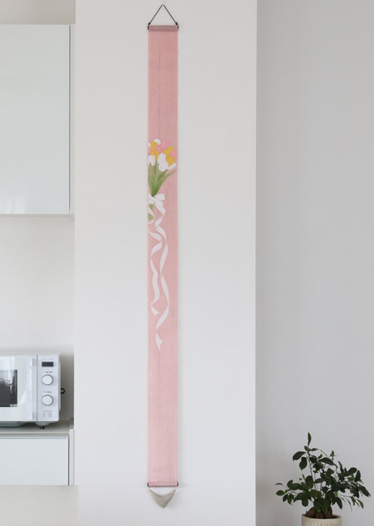 Hand-dyed Linen Japanese Narrow Tapestry - Tulip -, Kyoto Noren, Japanese wall hanging scroll