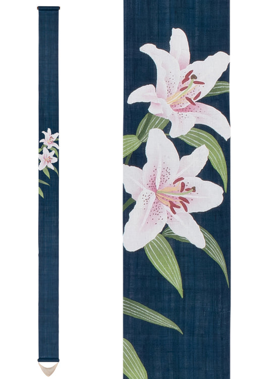 Hand-dyed Linen Japanese Narrow Tapestry - Lily -, Kyoto Noren, Japanese wall hanging scroll
