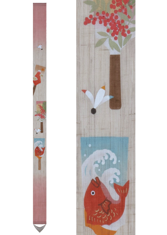 Hand-dyed Linen Japanese Narrow Tapestry - Hagoita (Japanese Battledore) and Sea Bream -, Kyoto Noren, Japanese wall hanging scroll