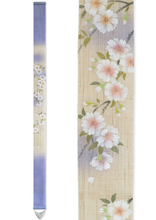 Hand-dyed Linen Japanese Narrow Tapestry - Double Cherry Blossom / Purple -, Kyoto Noren, Japanese wall hanging scroll