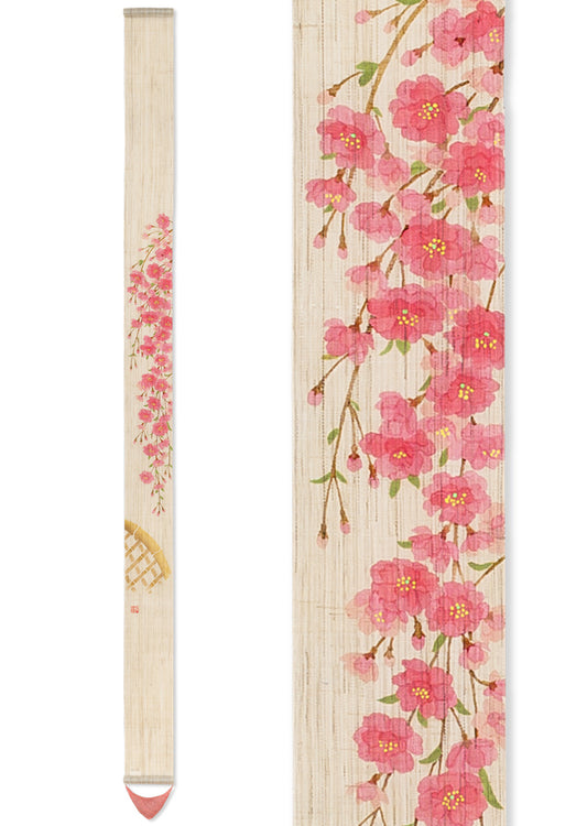 Hand-drawn and Hand-dyed Linen Japanese Narrow Tapestry - Weeping Cherry Blossom -, Kyoto Noren, Japanese wall hanging scroll
