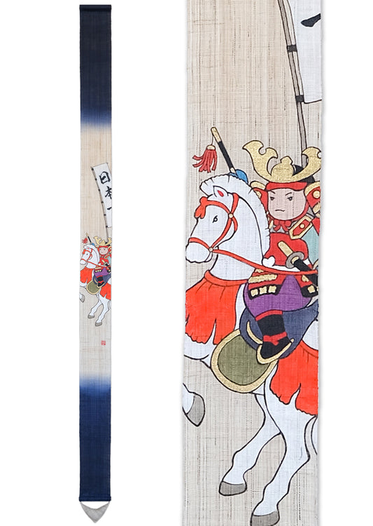 Hand-drawn and Hand-dyed Linen Japanese Narrow Tapestry - Shinme (sacred horse) and Wakadaishou (young leader) -, Kyoto Noren, Japanese wall hanging scroll