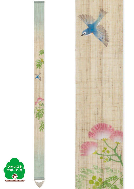 Hand-dyed Linen Japanese Narrow Tapestry - Red-Flanked Bluetail -, Kyoto Noren, Japanese wall hanging scroll