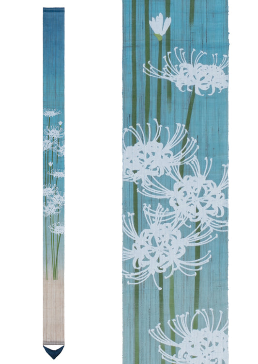 Hand-dyed Linen Japanese Narrow Tapestry - White Spider Lily -, Kyoto Noren, Japanese wall hanging scroll
