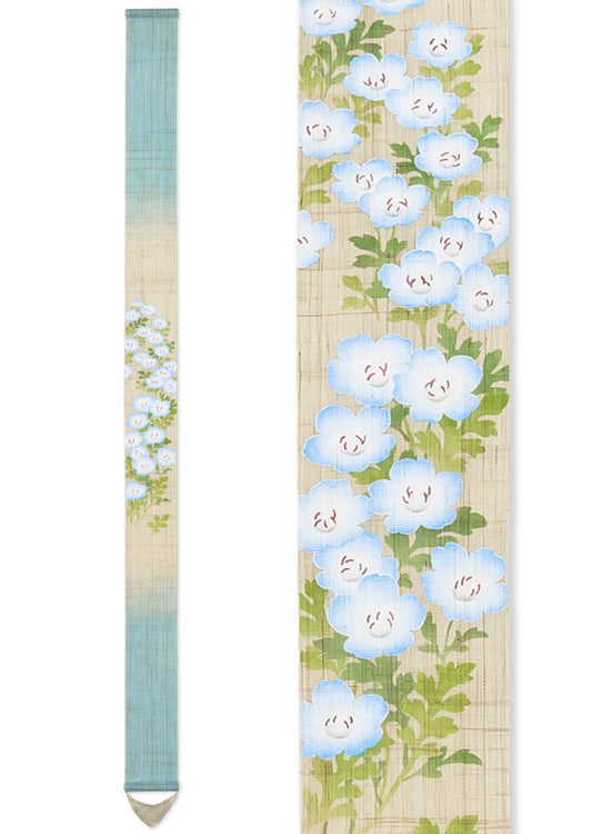 Hand-dyed Linen Japanese Narrow Tapestry - Nemophila -, Kyoto Noren, Japanese wall hanging scroll