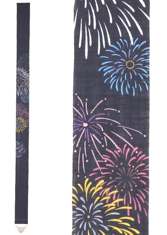Hand-dyed Linen Japanese Narrow Tapestry - Fireworks -, Kyoto Noren, Japanese wall hanging scroll