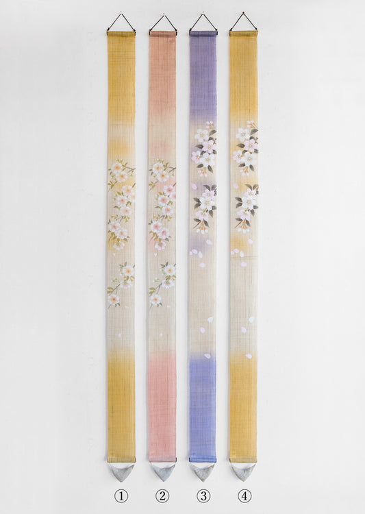 Hand-dyed Linen Japanese Narrow Tapestry - Double Cherry Blossom or Prunus Serrulata -, Kyoto Noren, Japanese wall hanging scroll