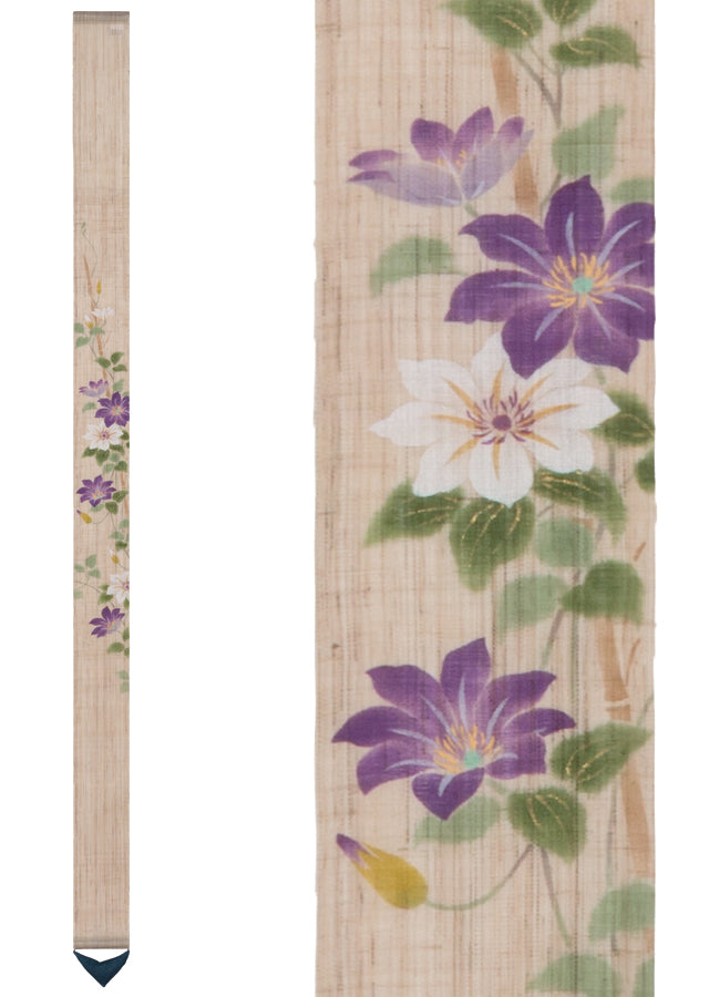 Hand-dyed Linen Japanese Narrow Tapestry - Clematis Patens -, Kyoto Noren, Japanese wall hanging scroll