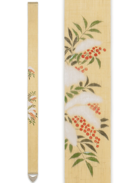 Hand-dyed Linen Japanese Narrow Tapestry - Snow-covered Nandina -, Kyoto Noren, Japanese wall hanging scroll