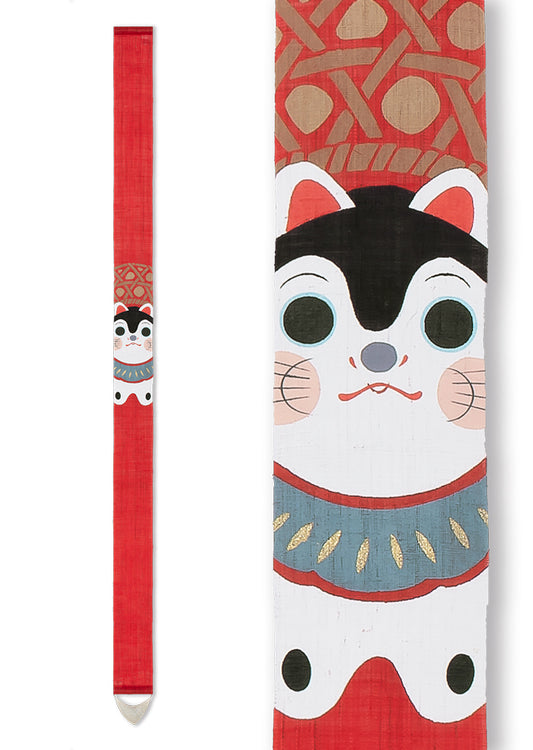 Hand-dyed Linen Japanese Narrow Tapestry - Komainu (Guardian Lion-Dog Statues) -, Kyoto Noren, Japanese wall hanging scroll