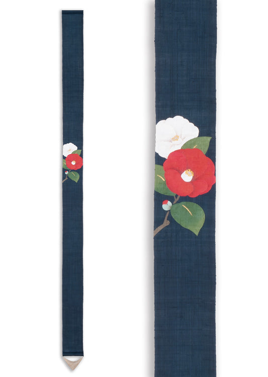 Hand-dyed Linen Japanese Narrow Tapestry - Red Camellia and White Camellia -, Kyoto Noren, Japanese wall hanging scroll