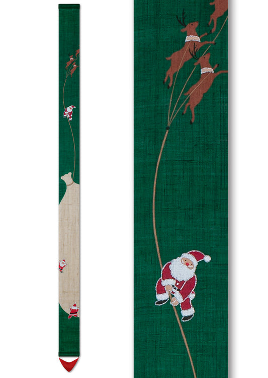 Hand-dyed Linen Japanese Narrow Tapestry - Santa Claus and Reindeer -, Kyoto Noren, Japanese wall hanging scroll