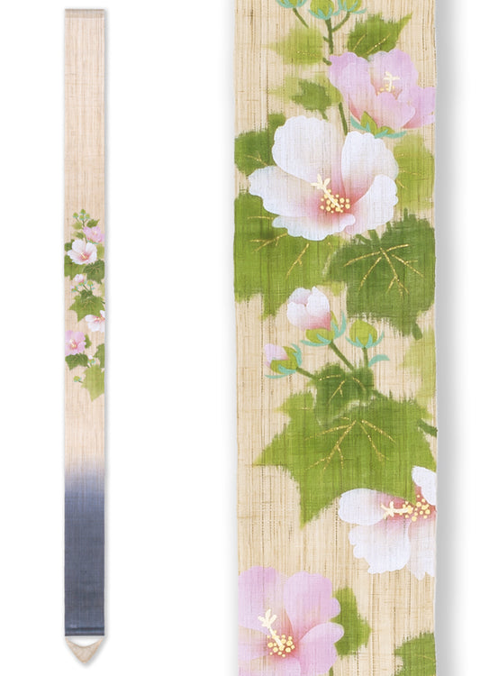 Hand-dyed Linen Japanese Narrow Tapestry - Hibiscus mutabilis cv. Versicolor -, Kyoto Noren, Japanese wall hanging scroll