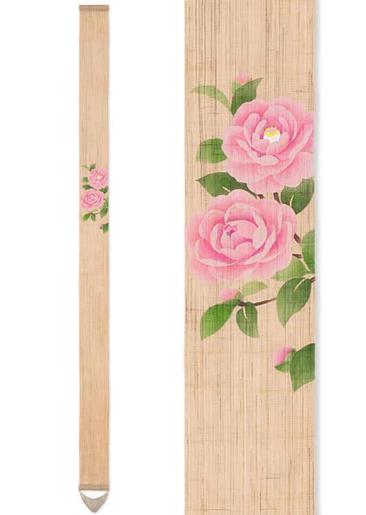 Hand-dyed Linen Japanese Narrow Tapestry - Camellia Otome -, Kyoto Noren, Japanese wall hanging scroll