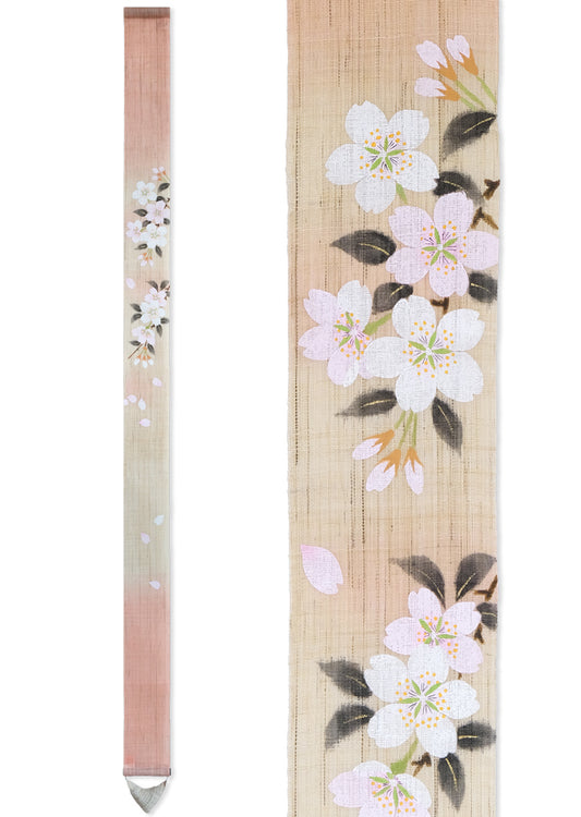Hand-dyed Linen Japanese Narrow Tapestry - Prunus Serrulata(Japanese Cherry Blossom) / Pink -, Kyoto Noren, Japanese wall hanging scroll