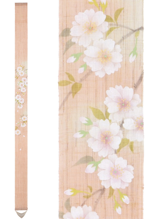 Hand-dyed Linen Japanese Narrow Tapestry - Double Cherry Blossom -, Kyoto Noren, Japanese wall hanging scroll