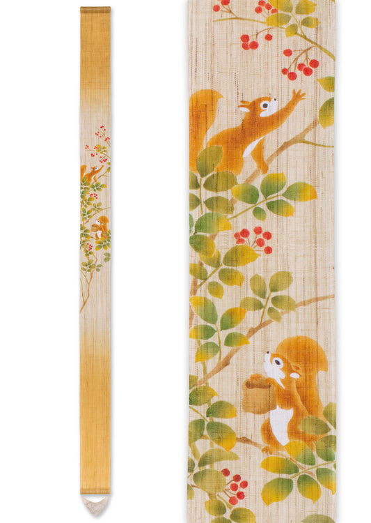 Hand-dyed Linen Japanese Narrow Tapestry - Squirrel -, Kyoto Noren, Japanese wall hanging scroll