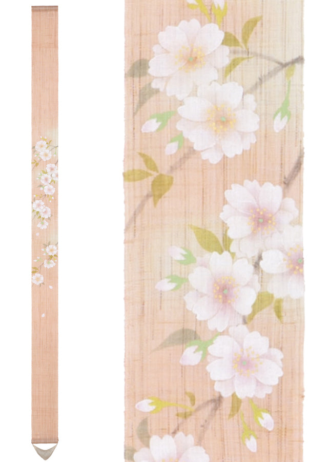 Hand-dyed Linen Japanese Narrow Tapestry - Double Cherry Blossom -, Kyoto Noren, Japanese wall hanging scroll