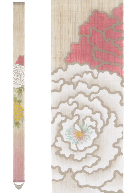 Hand-dyed Linen Japanese Narrow Tapestry - Peony -, Kyoto Noren, Japanese wall hanging scroll