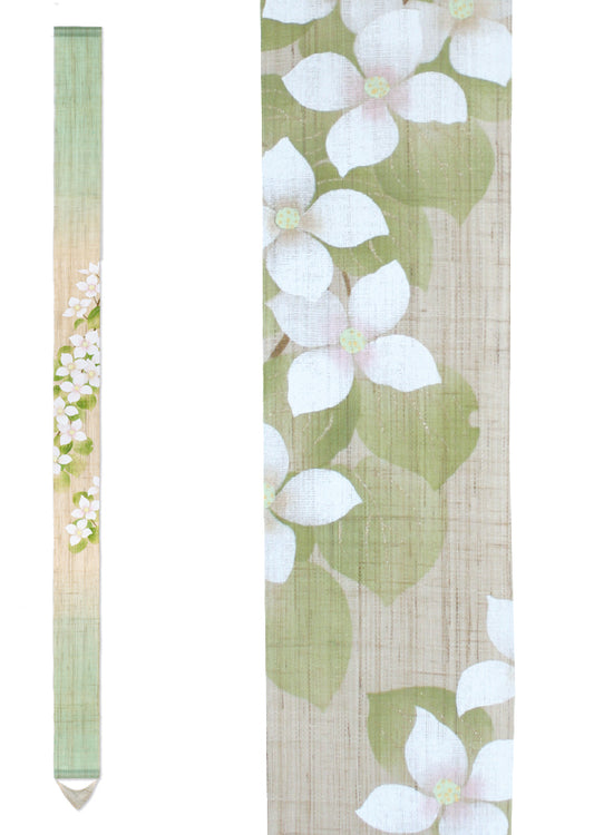 Hand-dyed Linen Japanese Narrow Tapestry - Japanese Flowering Dogwood -, Kyoto Noren, Japanese wall hanging scroll