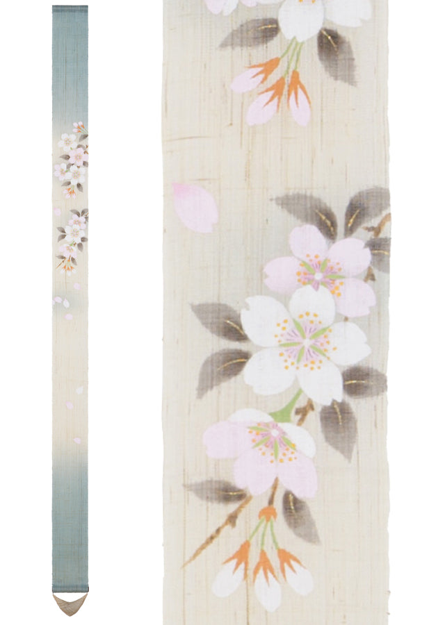 Hand-dyed Linen Japanese Narrow Tapestry - Prunus Serrulata(Japanese Cherry Blossom) -, Kyoto Noren, Japanese wall hanging scroll