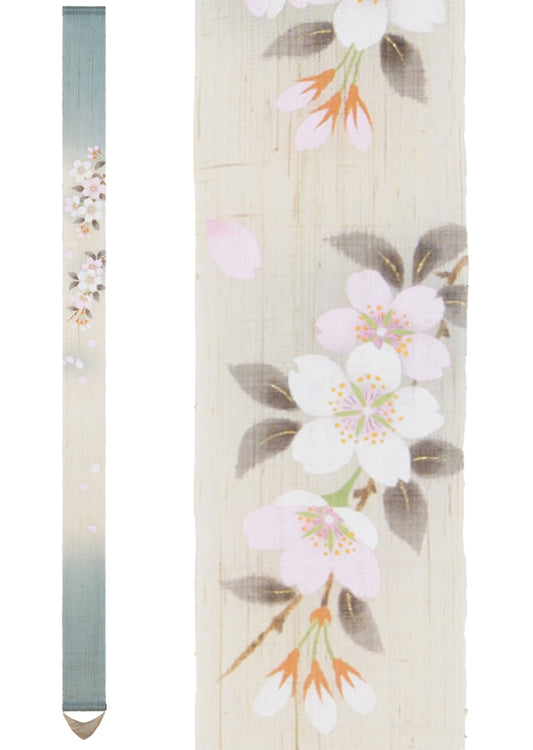 Hand-dyed Linen Japanese Narrow Tapestry - Prunus Serrulata(Japanese Cherry Blossom) -, Kyoto Noren, Japanese wall hanging scroll