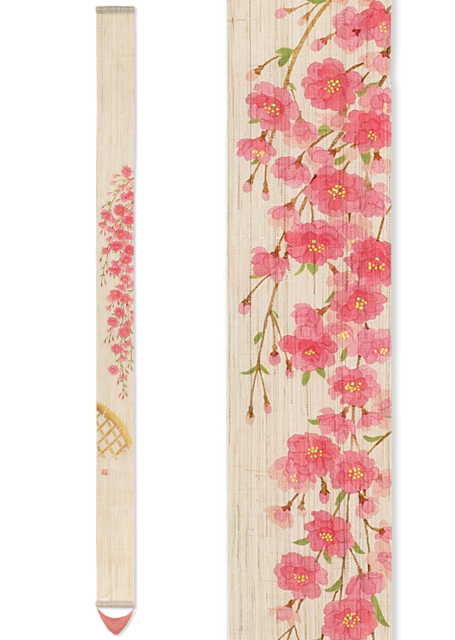 Hand-drawn and Hand-dyed Linen Japanese Narrow Tapestry - Weeping Cherry Blossom -, Kyoto Noren, Japanese wall hanging scroll