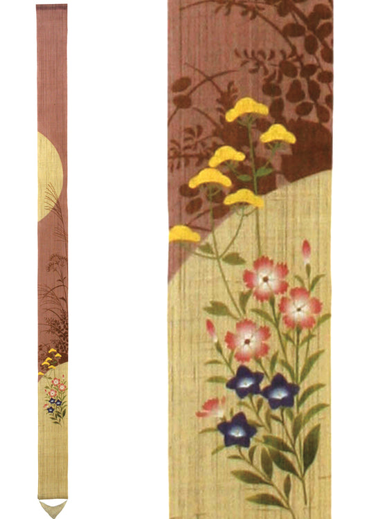 Hand-dyed Linen Japanese Narrow Tapestry - The Seven Flowers of Autumn -, Kyoto Noren, Japanese wall hanging scroll