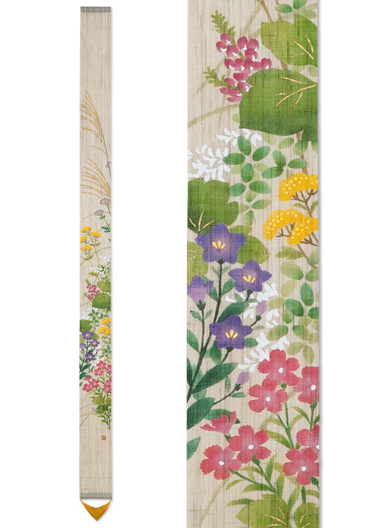 Hand-drawn and Hand-dyed Linen Japanese Narrow Tapestry - The Seven Flowers of Autumn -, Kyoto Noren, Japanese wall hanging scroll