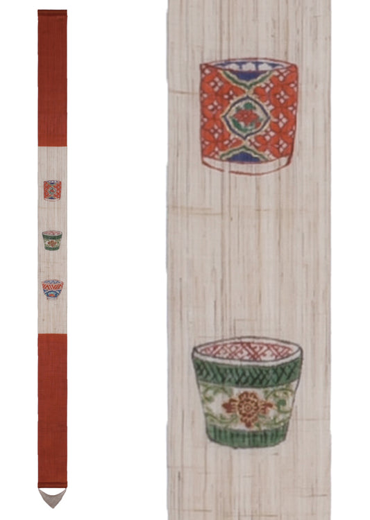 Hand-dyed Linen Japanese Narrow Tapestry - Japanese Soba Choko Cup / Red -, Kyoto Noren, Japanese wall hanging scroll