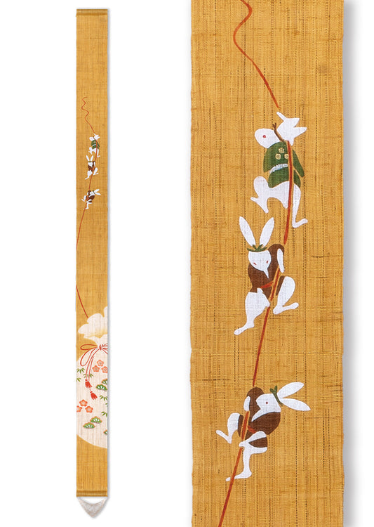 Hand-dyed Linen Japanese Narrow Tapestry - Rabbit and Treasure Bag -, Kyoto Noren, Japanese wall hanging scroll