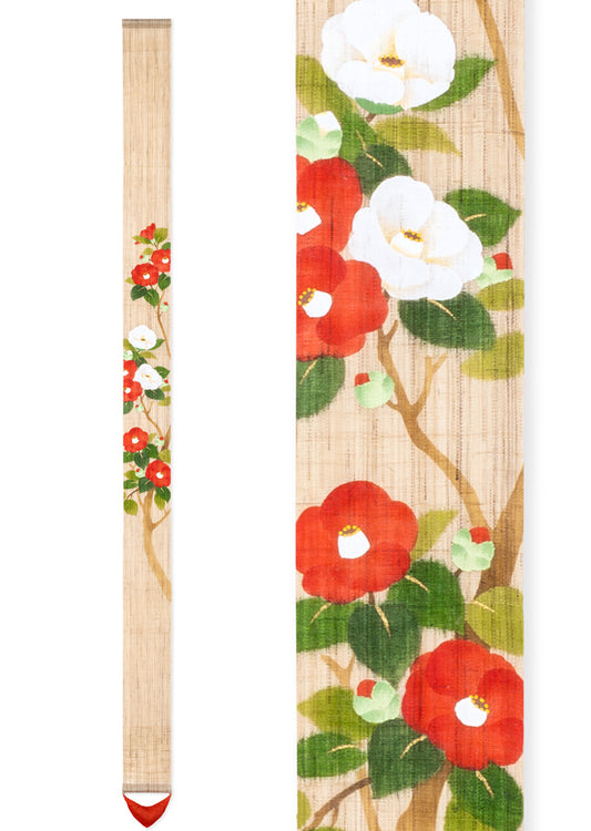 Hand-drawn and Hand-dyed Linen Japanese Narrow Tapestry - Camellia -, Kyoto Noren, Japanese wall hanging scroll