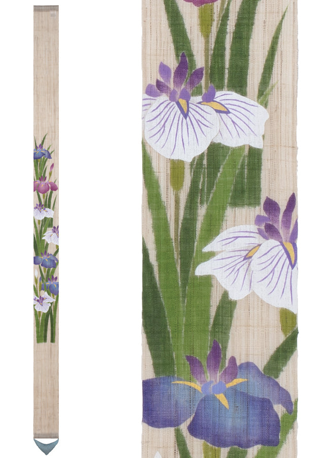 Hand-dyed Linen Japanese Narrow Tapestry - Iris -, Kyoto Noren, Japanese wall hanging scroll
