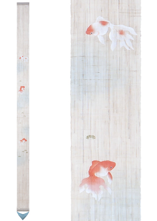 Hand-dyed Linen Japanese Narrow Tapestry - Goldfish -, Kyoto Noren, Japanese wall hanging scroll