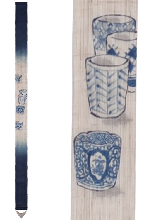 Hand-dyed Linen Japanese Narrow Tapestry - Japanese Soba Choko Cup / Blue -, Kyoto Noren, Japanese wall hanging scroll