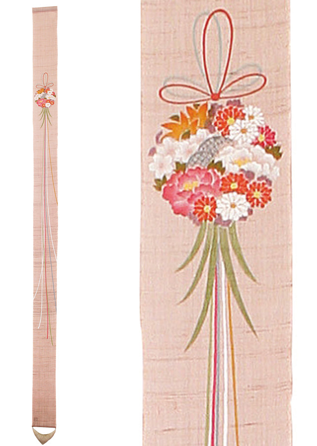 Hand-dyed Linen Japanese Narrow Tapestry - Kusudama(Japanese medicine ball) -, Kyoto Noren, Japanese wall hanging scroll