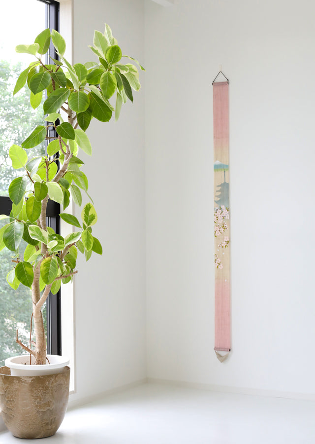 Hand-dyed Linen Japanese Narrow Tapestry - Mt.Fuji and Cherry Blossom -, Kyoto Noren, Japanese wall hanging scroll