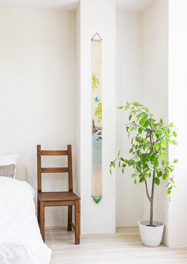 Hand-dyed Linen Japanese Narrow Tapestry - Kingfisher -, Kyoto Noren, Japanese wall hanging scroll
