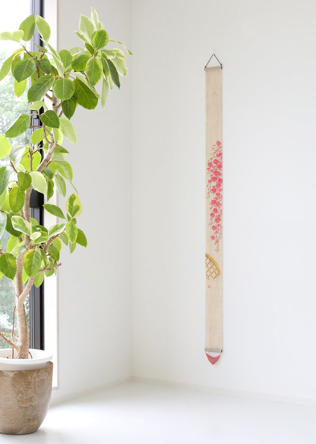 Hand-drawn and Hand-dyed Linen Japanese Narrow Tapestry - Weeping Cherry Blossom -, Kyoto Noren, Japanese wall hanging scroll