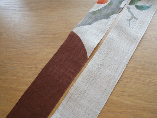 Hand-dyed Linen Japanese Narrow Tapestry - Persimmon and Japanese White-eye -, Kyoto Noren, Japanese wall hanging scroll