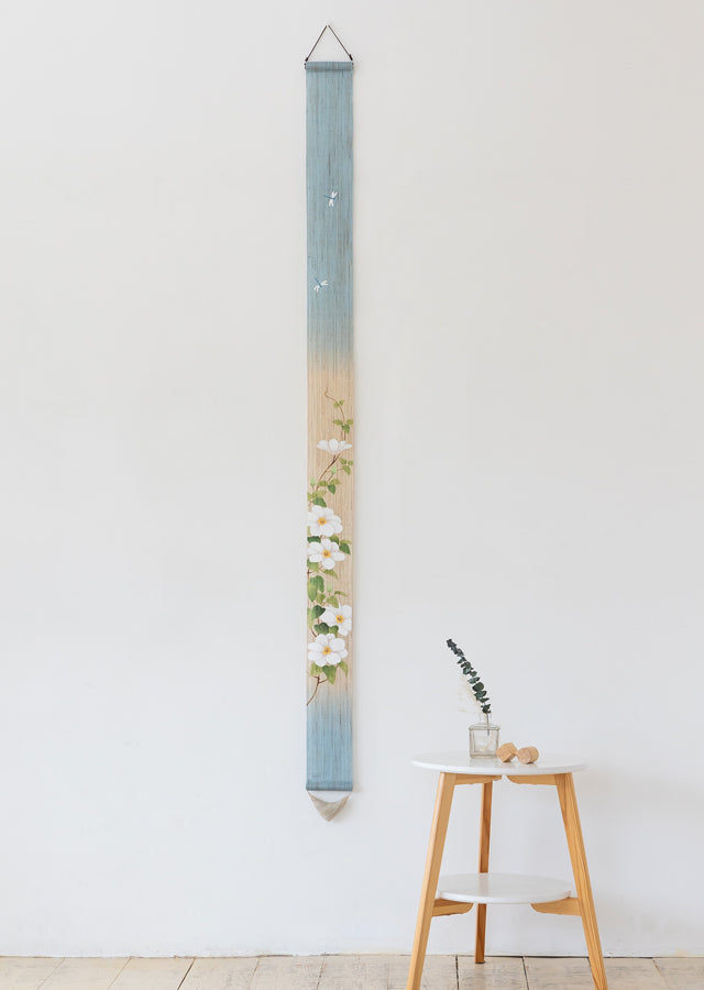 Hand-dyed Linen Japanese Narrow Tapestry - Clematis -, Kyoto Noren, Japanese wall hanging scroll