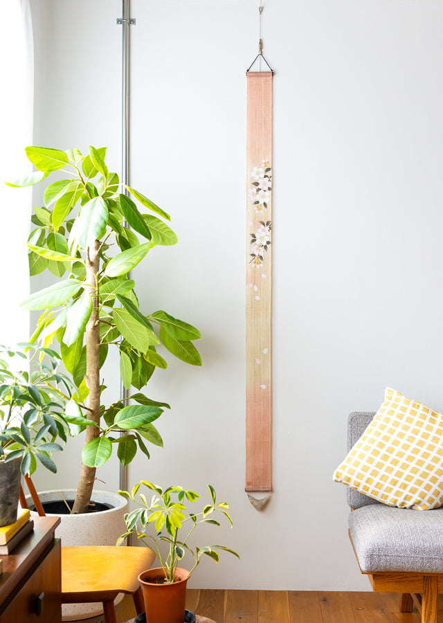 Hand-dyed Linen Japanese Narrow Tapestry - Prunus Serrulata(Japanese Cherry Blossom) / Pink -, Kyoto Noren, Japanese wall hanging scroll