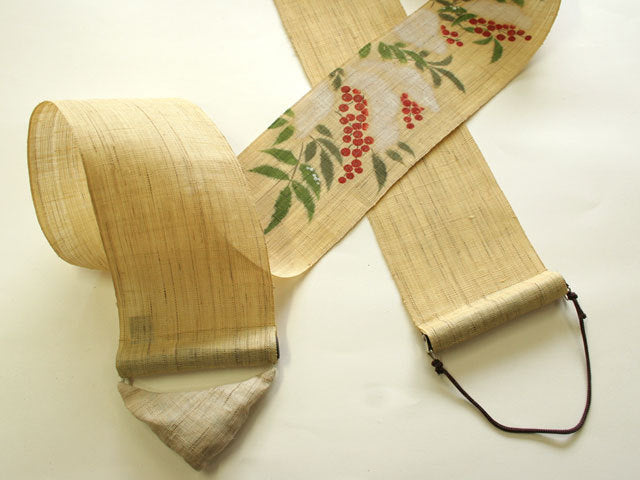 Hand-dyed Linen Japanese Narrow Tapestry - Snow-covered Nandina -, Kyoto Noren, Japanese wall hanging scroll